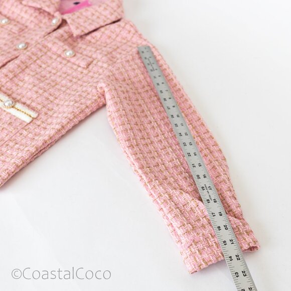 Pink Tweed Pearl Button Cropped Jacket L Blazer Preppy Academia Coastal Grandma - Picture 13 of 13